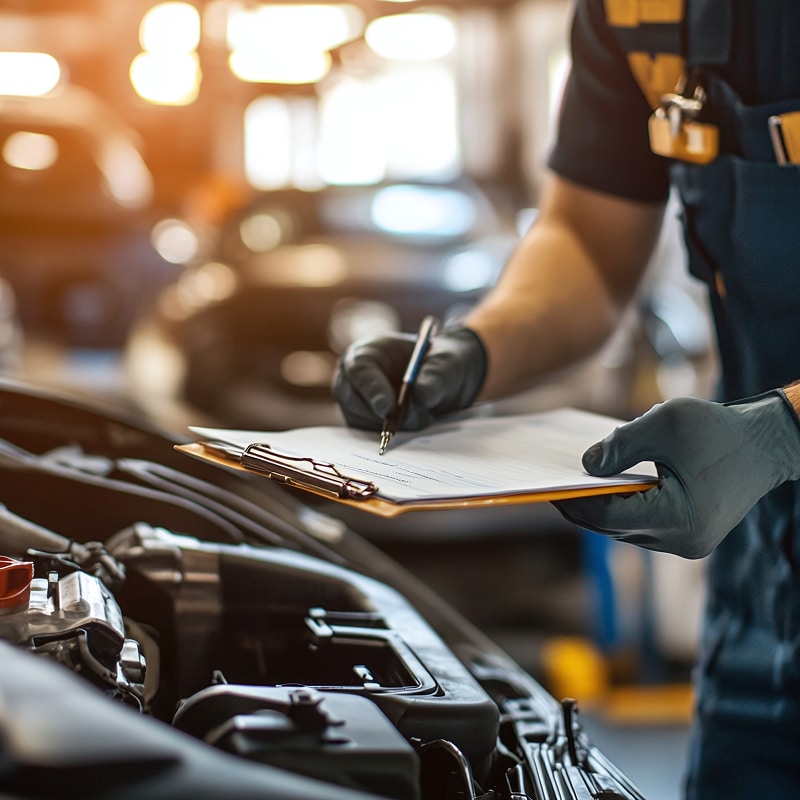 Mécanicien ganté inspecte un moteur de voiture, notant des informations sur un presse-papiers dans un garage.