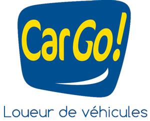 Logo Car Go! : texte jaune "Car Go!" sur forme bleue souriante, fond rouge. Mention "Loueur de véhicules" en bas.